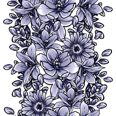 Kusursuz mavi monokrom klasik çiçek deseni