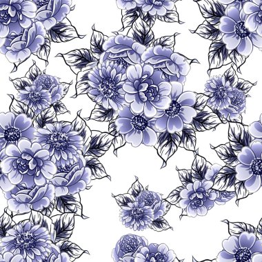 Kusursuz mavi monokrom klasik çiçek deseni