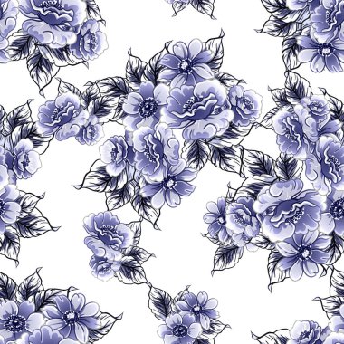 Kusursuz mavi monokrom klasik çiçek deseni