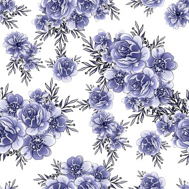 Kusursuz mavi monokrom klasik çiçek deseni