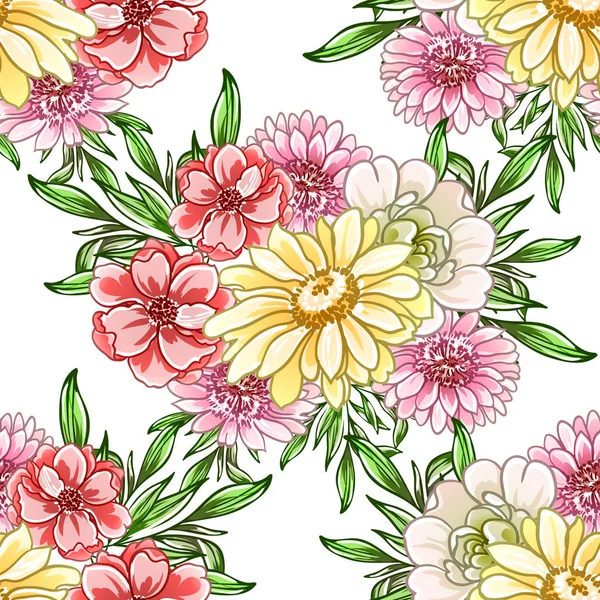 Colorato Stile Vintage Fiori Modello Senza Soluzione Continuità — Vettoriale Stock