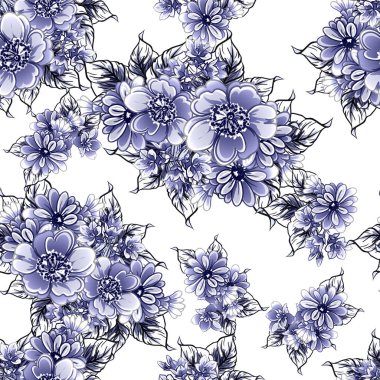 Kusursuz mavi monokrom klasik çiçek deseni