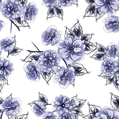 Kusursuz mavi monokrom klasik çiçek deseni