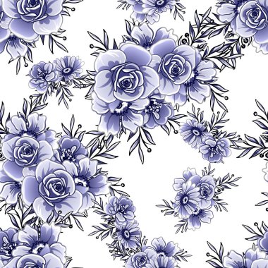 Kusursuz mavi monokrom klasik çiçek deseni