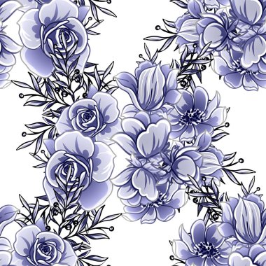 Kusursuz mavi monokrom klasik çiçek deseni