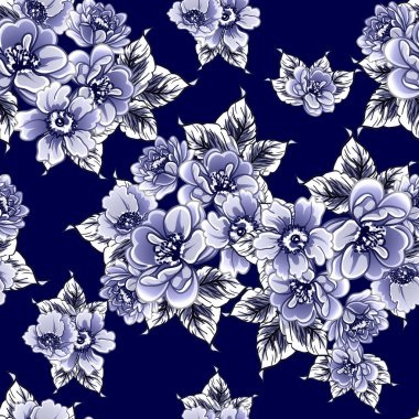 Kusursuz mavi monokrom klasik çiçek deseni