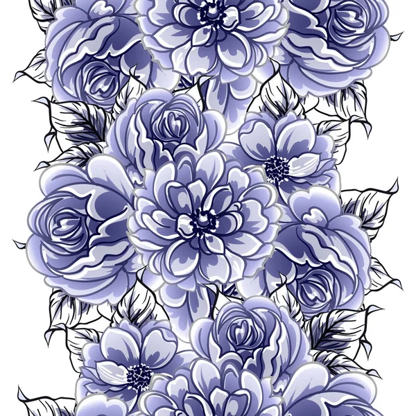 Patrón Flores Estilo Vintage Monocromo Azul Sin Costuras — Vector de stock