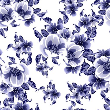 Kusursuz mavi monokrom klasik çiçek deseni