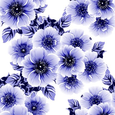 Kusursuz mavi monokrom klasik çiçek deseni