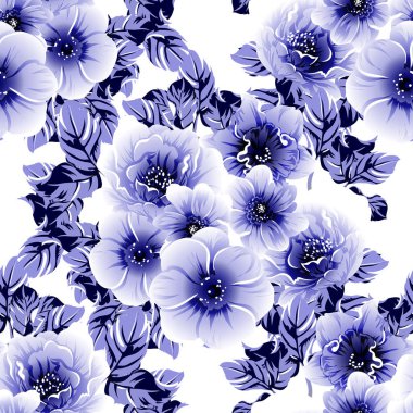 Kusursuz mavi monokrom klasik çiçek deseni