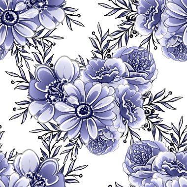 Kusursuz mavi monokrom klasik çiçek deseni