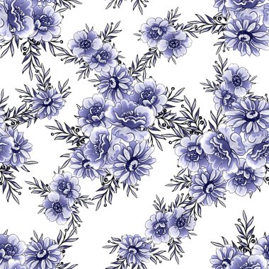 Kusursuz mavi monokrom klasik çiçek deseni