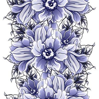 Kusursuz mavi monokrom klasik çiçek deseni