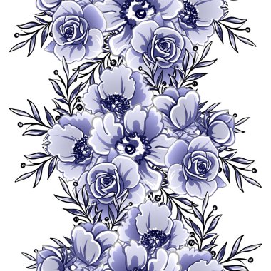 Kusursuz mavi monokrom klasik çiçek deseni