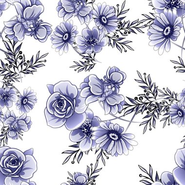 Kusursuz mavi monokrom klasik çiçek deseni