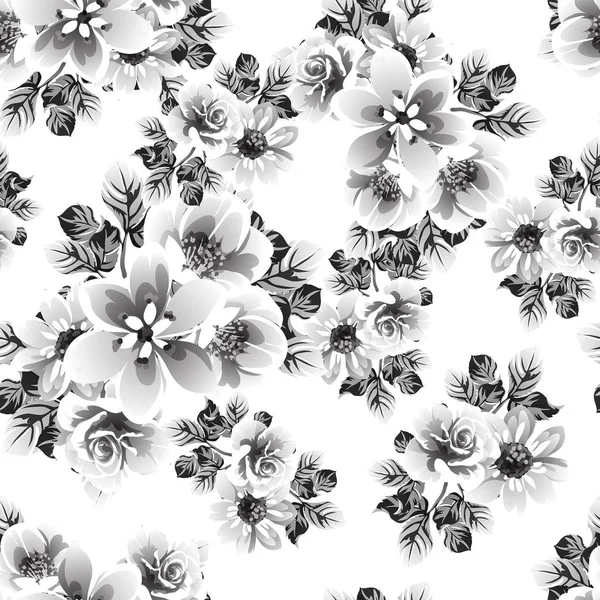 Seamless Monochrome Vintage Style Flowers Pattern — Stock Vector