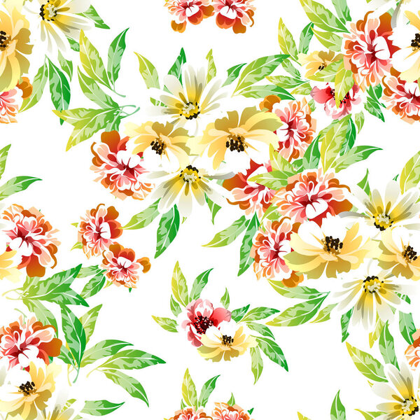 Colourful vintage style flowers seamless pattern