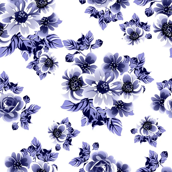 Patrón Flores Estilo Vintage Monocromo Azul Sin Costuras — Archivo Imágenes Vectoriales