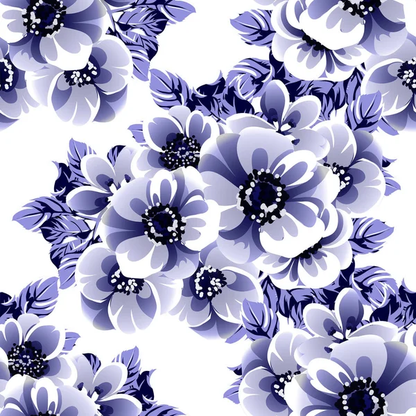 Sans Couture Bleu Monochrome Motif Fleurs Style Vintage — Image vectorielle