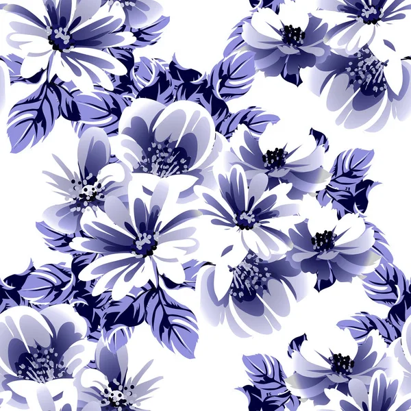 Seamless Blue Monochrome Vintage Style Flowers Pattern — Stock Vector