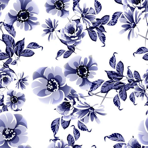 Seamless Blue Monochrome Vintage Style Flowers Pattern — Stock Vector