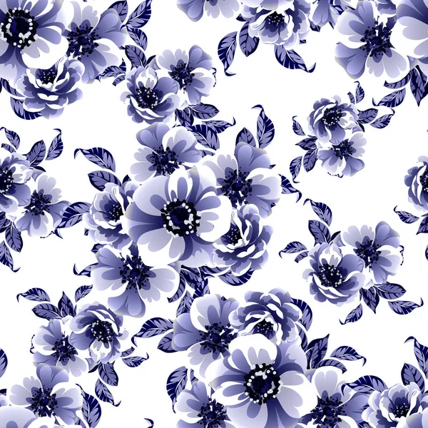 Patrón Flores Estilo Vintage Monocromo Azul Sin Costuras — Vector de stock