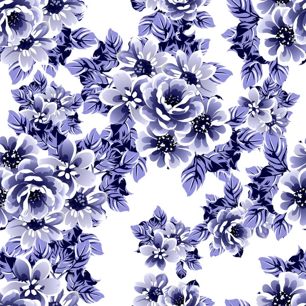 Senza Cuciture Blu Monocromatico Modello Fiori Stile Vintage — Vettoriale Stock