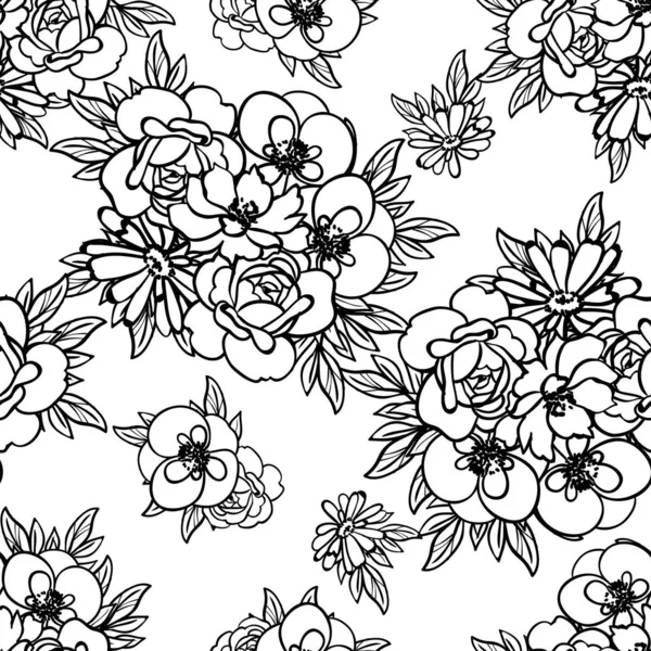 Inconsútil Patrón Flores Estilo Vintage Monocromo — Vector de stock