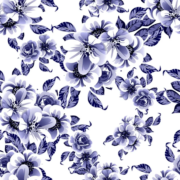 Sans Couture Bleu Monochrome Motif Fleurs Style Vintage — Image vectorielle