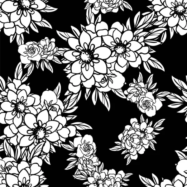 Nahtloses Monochromes Blumenmuster Vintage Stil — Stockvektor