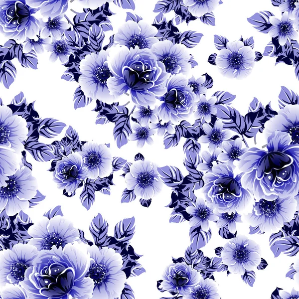 Seamless Blue Monochrome Vintage Style Flowers Pattern — Stock Vector