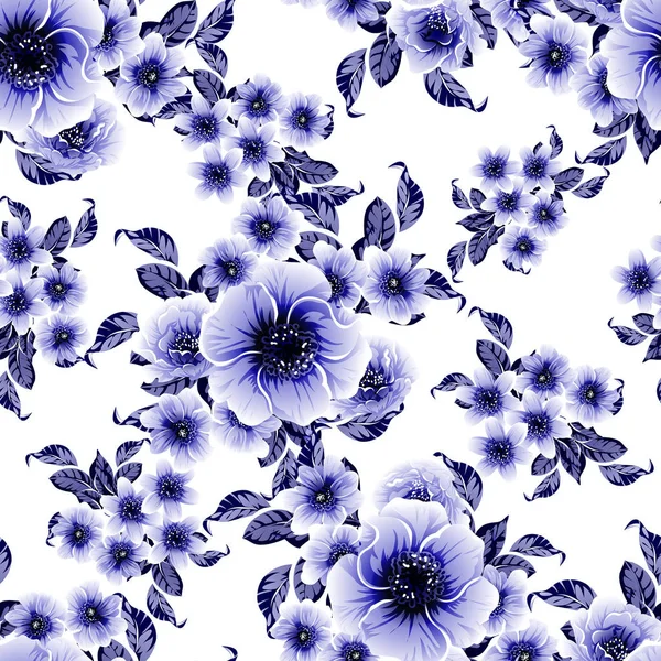 Senza Cuciture Blu Monocromatico Modello Fiori Stile Vintage — Vettoriale Stock