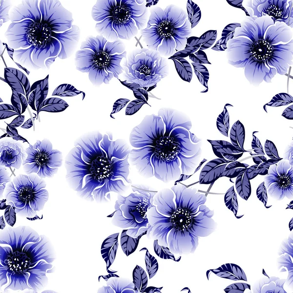 Seamless Blue Monochrome Vintage Style Flowers Pattern — Stock Vector