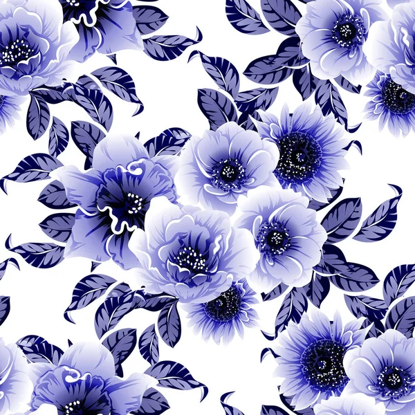 Azul Sem Costura Monocromático Estilo Vintage Padrão Flores — Vetor de Stock