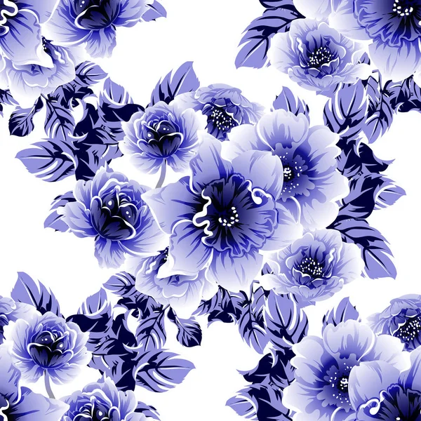 Seamless Blue Monochrome Vintage Style Flowers Pattern — Stock Vector