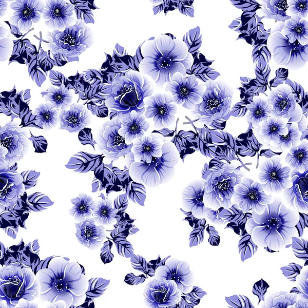 Patrón Flores Estilo Vintage Monocromo Azul Sin Costuras — Vector de stock