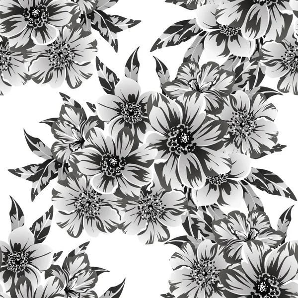 Inconsútil Patrón Flores Estilo Vintage Monocromo — Vector de stock