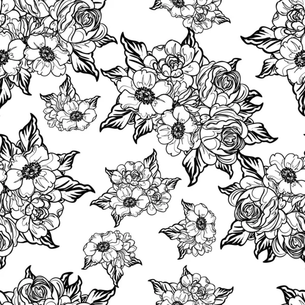 Inconsútil Patrón Flores Estilo Vintage Monocromo — Vector de stock