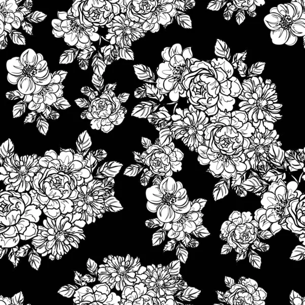 Απρόσκοπτη Μονόχρωμη Vintage Μοτίβο Λουλούδια Στυλ — Διανυσματικό Αρχείο