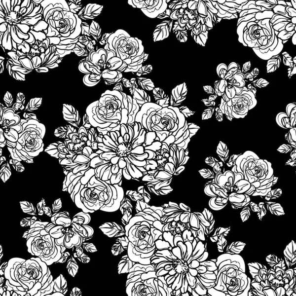 Modèle Fleurs Sans Couture Style Vintage Monochrome — Image vectorielle