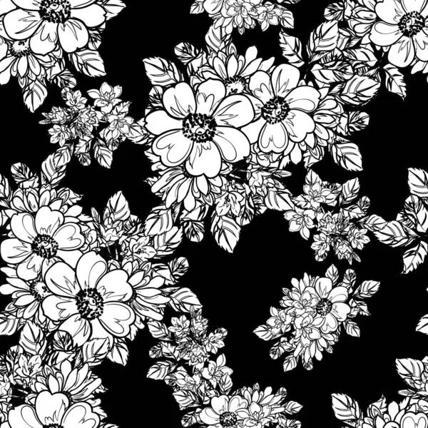 Modèle Fleurs Sans Couture Style Vintage Monochrome — Image vectorielle