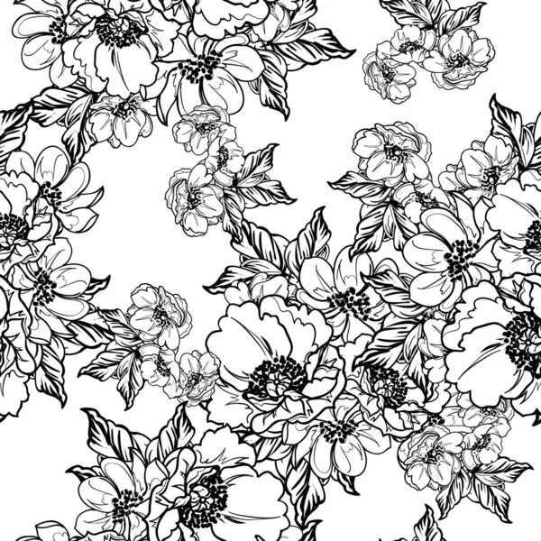 Inconsútil Patrón Flores Estilo Vintage Monocromo — Vector de stock