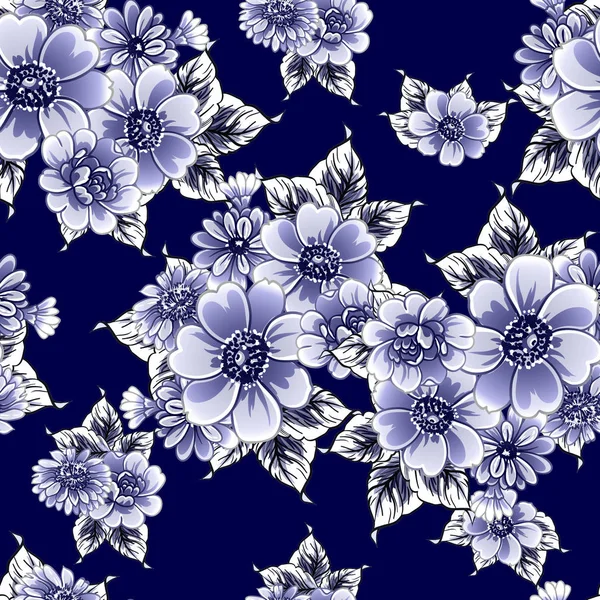 Patrón Flores Estilo Vintage Monocromo Azul Sin Costuras — Vector de stock