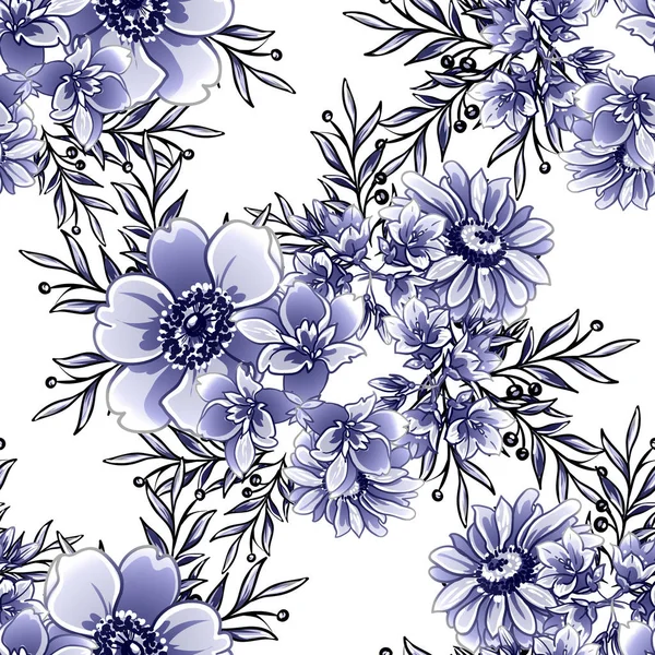 Azul Sem Costura Monocromático Estilo Vintage Padrão Flores — Vetor de Stock