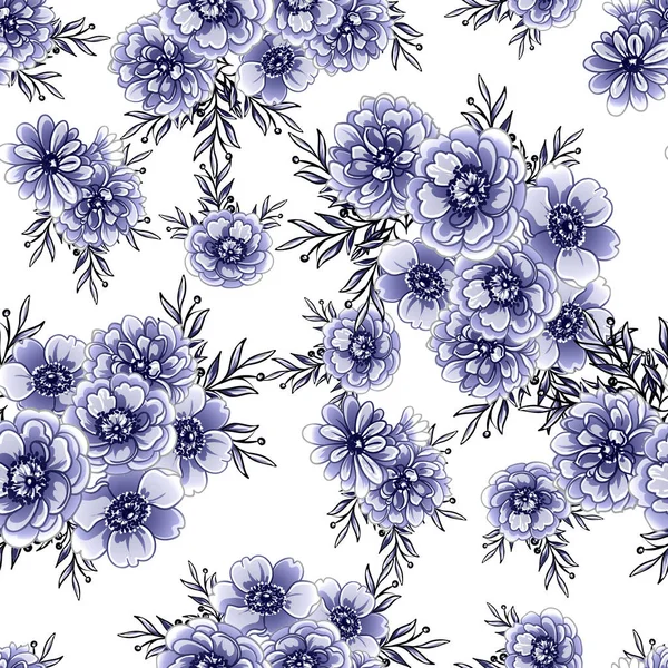 Seamless Blue Monochrome Vintage Style Flowers Pattern — Stock Vector