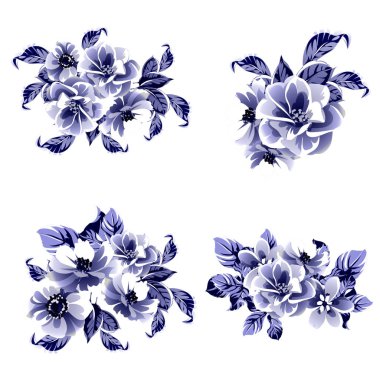 Kusursuz mavi monokrom klasik çiçek deseni