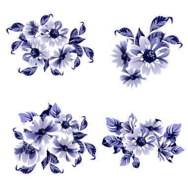 Kusursuz mavi monokrom klasik çiçek deseni