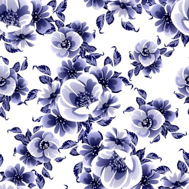 Kusursuz mavi monokrom klasik çiçek deseni