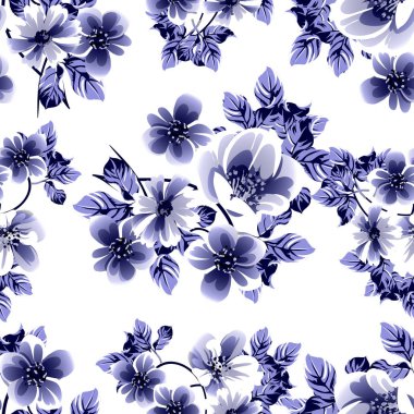 Kusursuz mavi monokrom klasik çiçek deseni