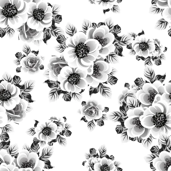 Senza Soluzione Continuità Modello Fiori Stile Vintage Monocromatico — Vettoriale Stock